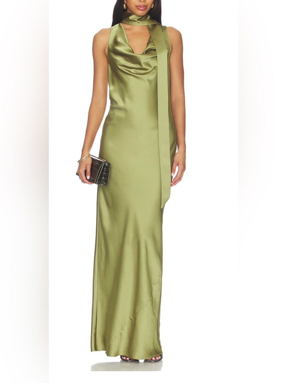 Amanda Uprichard Olive Green Satin Maxi Dress with Neck Tie